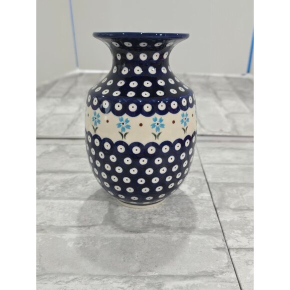 Boleslawiec Handmade Blue Eyed Peacock Pitcher Vase 7" Floral Cobalt - Picture 4 of 10